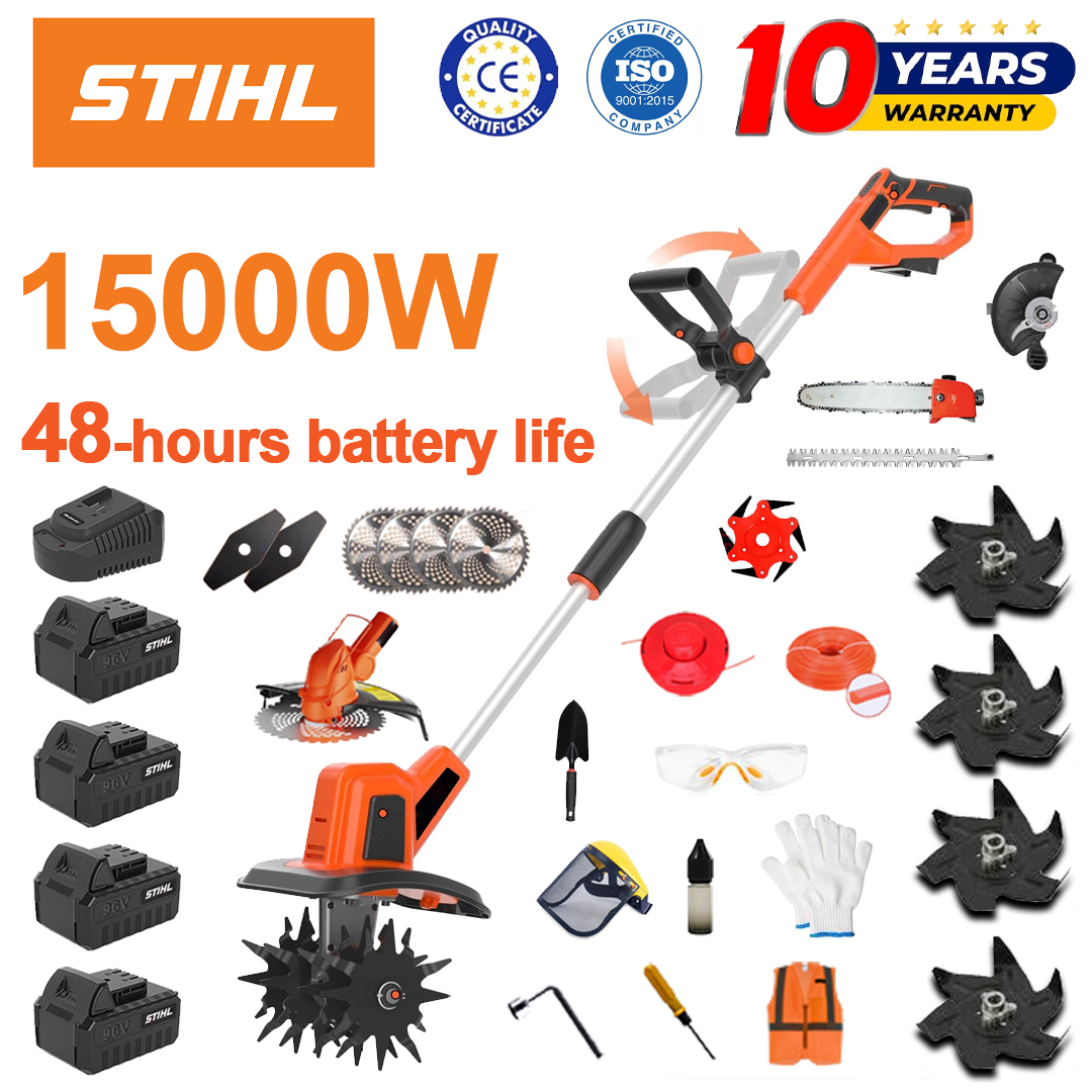 (Żywotność baterii 48 godzin) 15000W pług+96V bateria litowa*4+głowica kosząca*1+piła*1+głowica do przycinania żywopłotów*1+szybka ładowarka*1+łopata*1+proste ostrze*2+ostrze do pługa*4+ostrze piły ze stopu*1+ostrze do koszenia*1+lina do koszenia*1+różne akcesoria