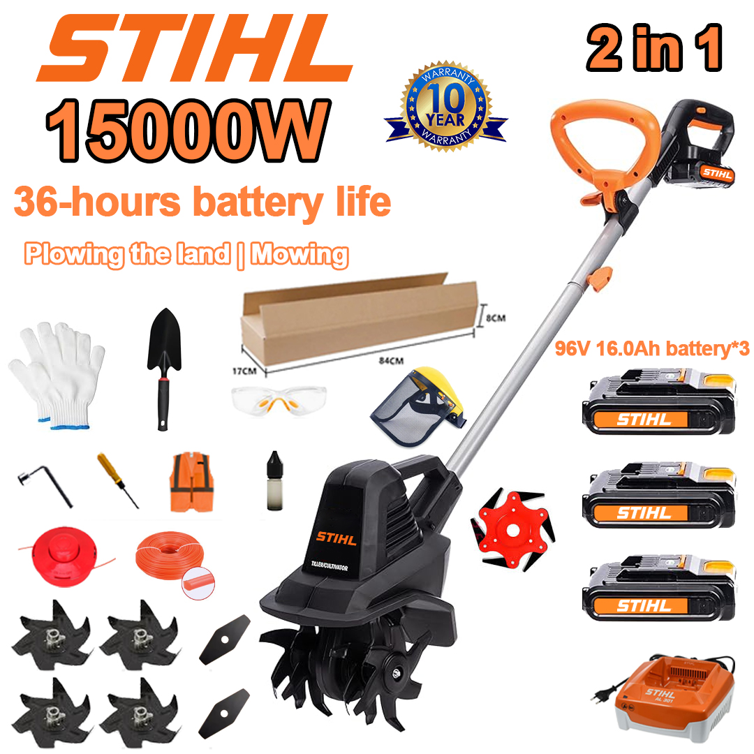 (Czas pracy baterii 36 godzin) Pług 15000 W + akumulator litowy 96 V 16,0 Ah * 3 + głowica kosząca * 1 + szybka ładowarka * 1 + łopata * 1 + proste ostrze * 2 + ostrze do pługa * 4 + ostrze do piły ze stopu * 1 + ostrze tnące * 1 + linka do koszenia* 1 + różne akcesoria
