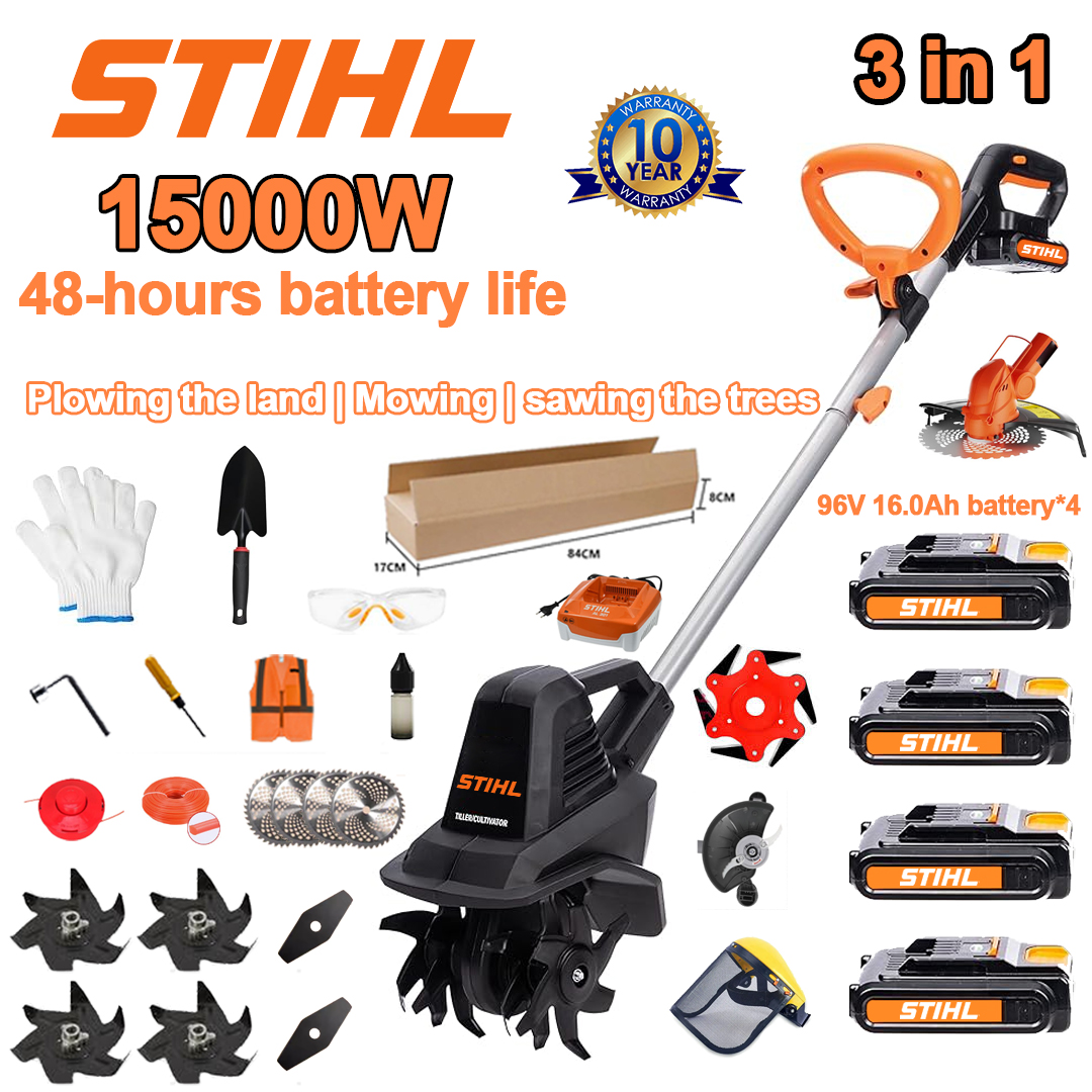 (Żywotność baterii 48 godzin) Pług 15000 W + bateria litowa 96 V 16,0 Ah * 4 + głowica kosząca * 1 + piła * 1 + głowica do przycinania żywopłotu * 1 + szybka ładowarka * 1 + łopata * 1 + proste ostrze * 2 + ostrze do pługa * 4 + ostrze do piły ze stopu * 1 + ostrze do koszenia * 1 + linka do koszenia * 1 + różne akcesoria